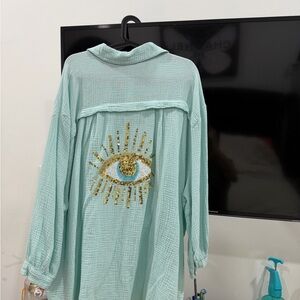 Mint Green Eye Embroidered Women's Top